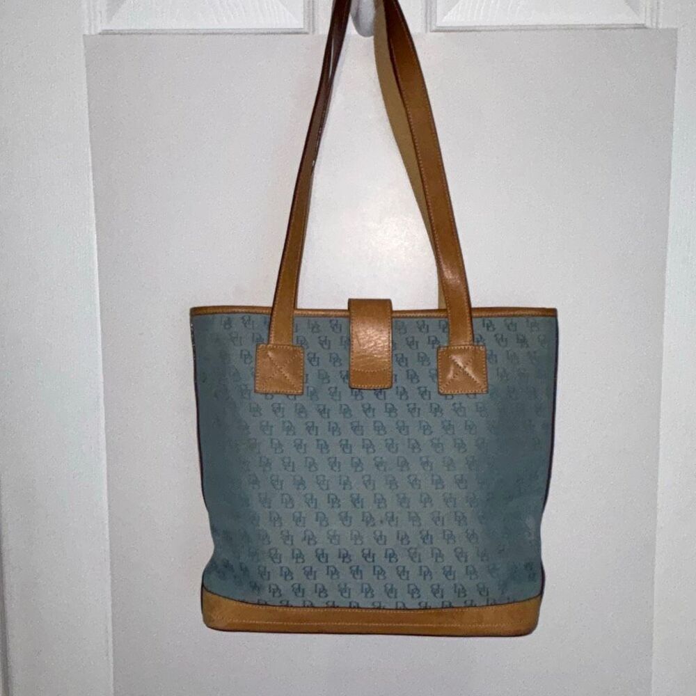 Dooney & Bourke vintage signature logo blue shopper tote medium leather/canvas - Picture 4 of 9